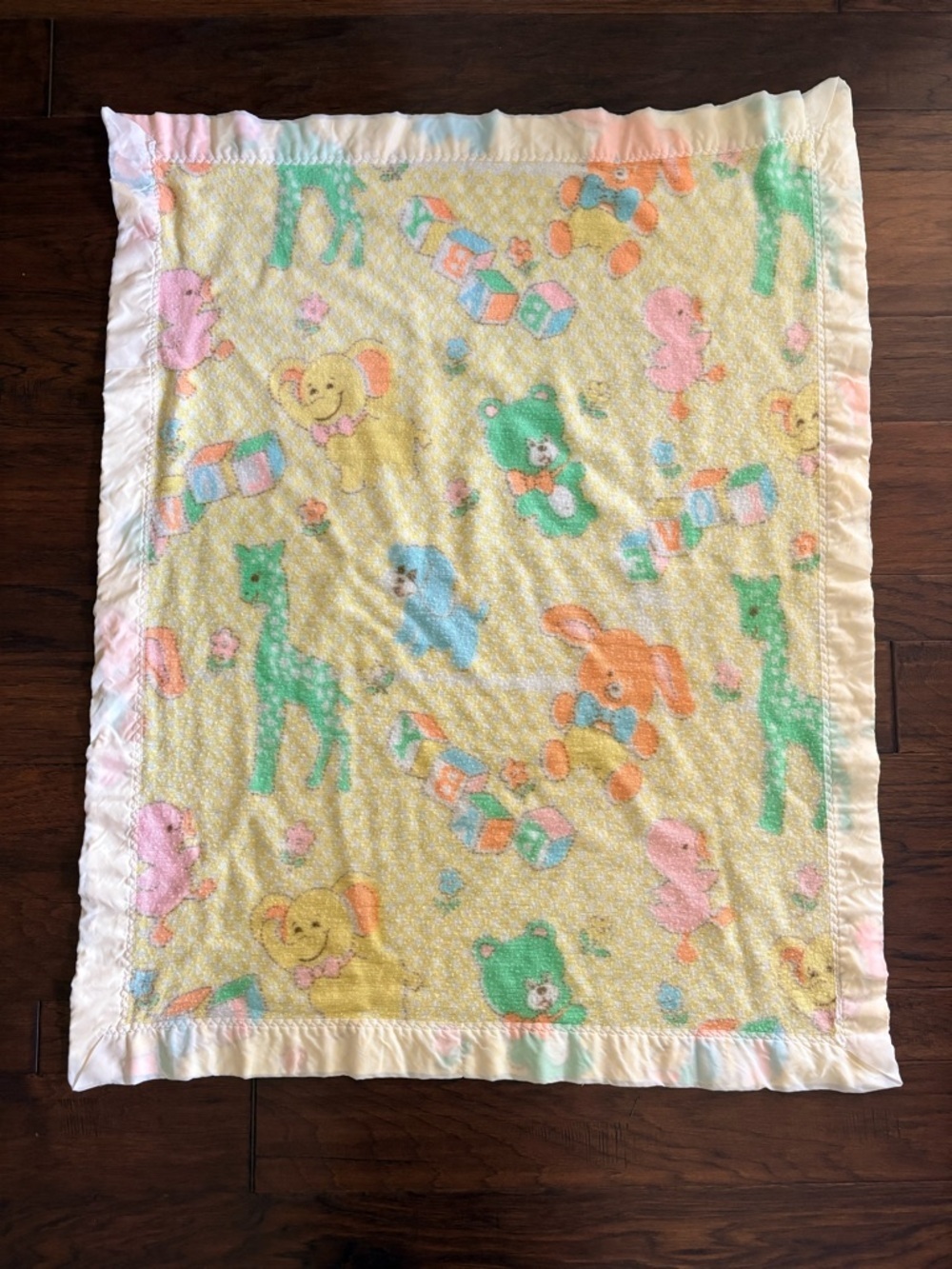 Vintage Pastel Animal Baby Blanket with Satin trim made in USA baby Gordon style
